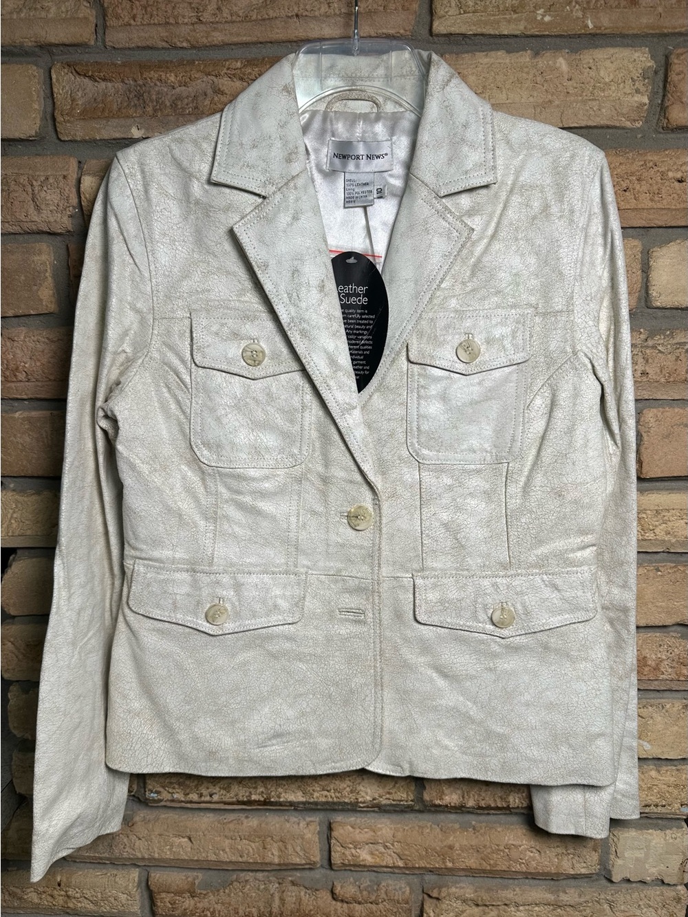 NWT Newport News Metallic Cream Leather Blazer Jacket Size 10